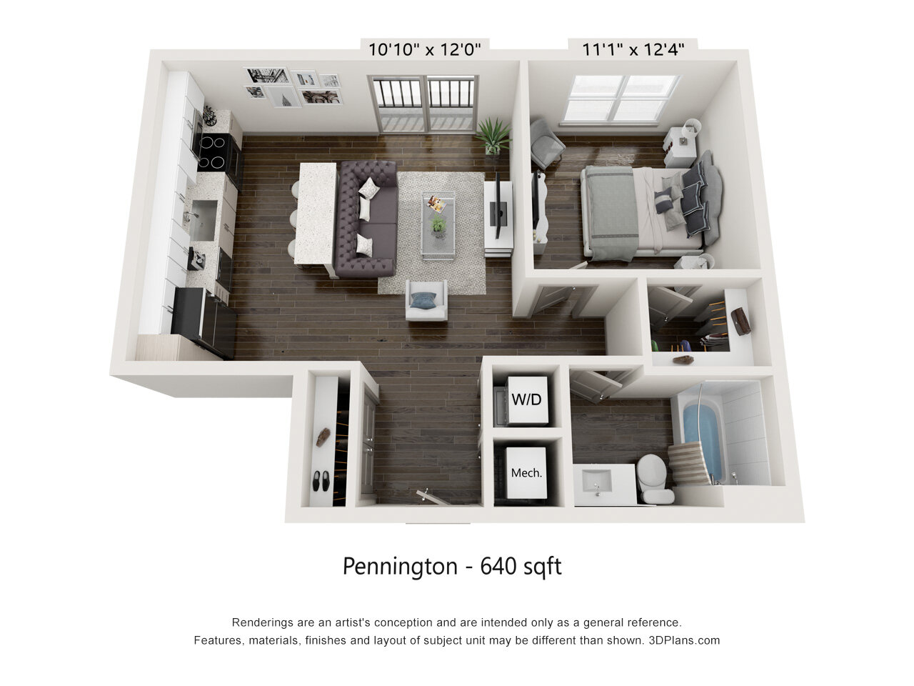 Floor plan for 1 bed, 1 bath, 640 sqft